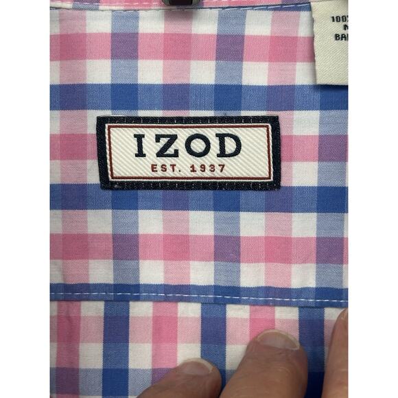 IZOD Mens Sz L Short Sleeve Button Down Shirt Blue Pink White Plaid 100% Cotton - Picture 4 of 11